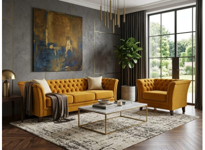 Dunkelgelbes Wohnzimmer-Set 3+1-Sitzer-Sofas gesteppt Sessel Chesterfield