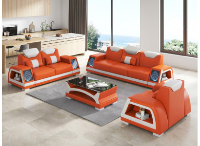 Modernes Sofa Set 3-Sitzer 2-Sitzer Sessel Orange Weiß LED Wohnzimmer *