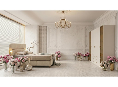 Schlafzimmer-Set Schrank Bett Kopfteil Modern Beige Weich Bequem