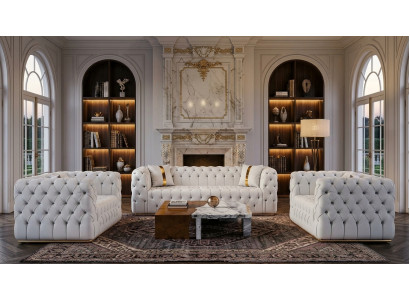 Luxriöse Weiße Chesterfield Sofagarnitur Designer Couch 2x Sessel