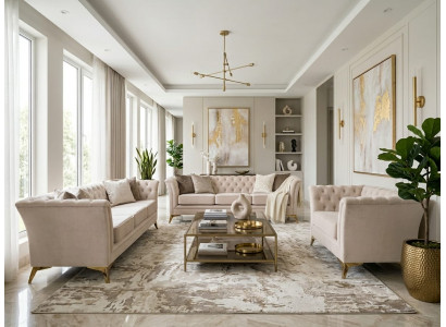 Beiges Wohnzimmer-Set 3+3+1-Sitzer-Sofas Gesteppte Sofas Chesterfield