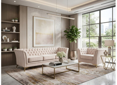 Beiges klassisches Wohnzimmer-Set 3+1-Sitzer-Sofas Chesterfield luxuriös