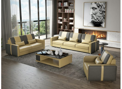 Leder Sofa Set 3+2+1 Modern Beige Grau Couch Design Polstergarnitur *