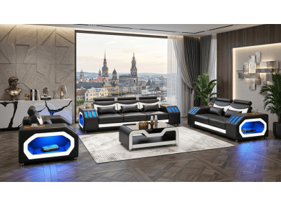 Sofa Set 3+2+1 Modern Schwarz Weiß Premium LED Couchtisch Luxus Top *
