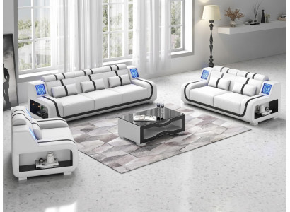 Sofa Set 3-Sitzer 2-Sitzer Sessel Weiß Schwarz LED Wohnzimmer Design *