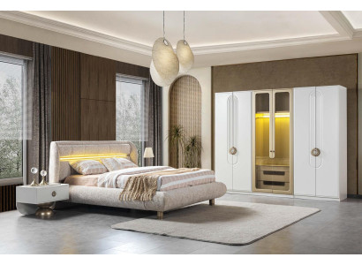 Bett Nachttisch Kleiderschrank modern neu weiß beige goldfarben Schlafzimmer