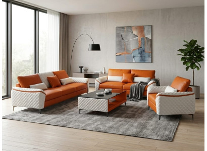 Sofa Set 3+2+1 Modern Leder Orange Sessel Couch Design Polstergarnitur *
