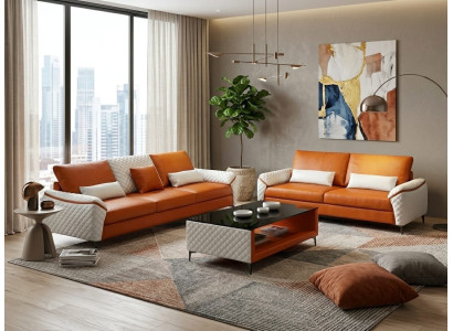Sofa Set 3+2 Modern Leder Orange Sessel Couch Design  Polstergarnitur *
