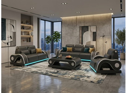 Sofa Set 3-Sitzer 2-Sitzer Sessel Schwarz LED Wohnzimmer Design Möbel *