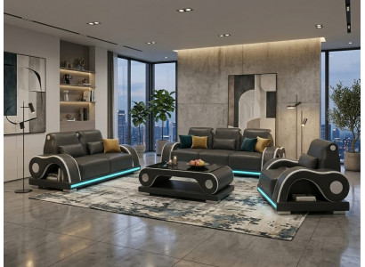 Sofa Set 3-Sitzer 2-Sitzer Sessel Schwarz LED Wohnzimmer Design Möbel *