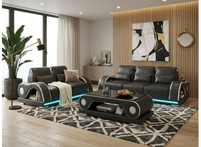 Sofa Set 3-Sitzer 2-Sitzer Schwarz LED Wohnzimmer Couch Design Möbel *