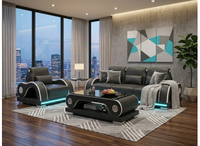 Sofa Set 3-Sitzer Sessel Schwarz LED Modern Wohnzimmer Couch Design *