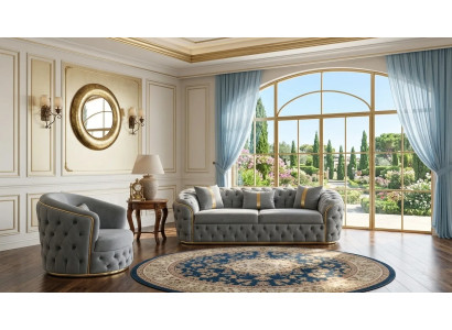 Hellblaue Chesterfield Sitzgarnitur Exklusiver 3-Sitzer Textilsessel