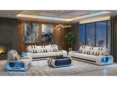 Sofa Set 3+3+1 Modern Weiß Schwarz Premium LED Couchtisch Komfort *