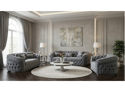 Hochwertige Chesterfield Polstergarnitur Grauer 3-Sitzer Textilsessel