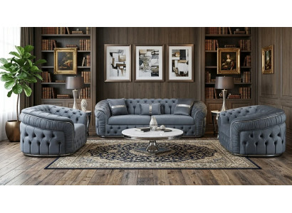 Moderne Graue Chesterfield Polstergarnitur 2x Sessel Dreisitzer