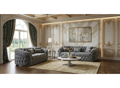 Graue Chesterfield Polstergarnitur Wohnzimmer Couchen 3+2 Sitzer