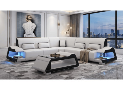 Modern Ecksofa L-Form Couchtisch Weiß LED Sofa Set Elegant Design *