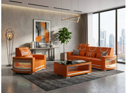 Sofa Set 3-Sitzer Sessel Orange Weiß Wohnzimmer Couch Design Möbel *