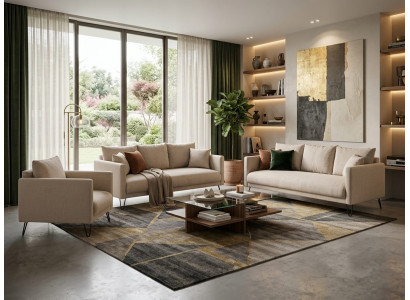 Beiges Wohnzimmer-Set: 3+3+1-Sitzer-Sofas moderne Textil  Wohnzimmermöbel