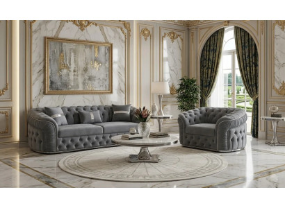 Klassische Chesterfield Sofagarnitur Grauer Stoffsessel 3-Sitzer 2tlg