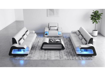Sofa Set 3+3+1 Modern Weiß Schwarz Premium LED Couchtisch Komfort *