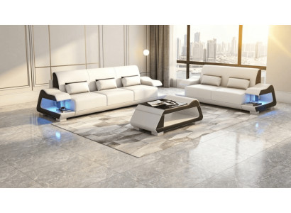 Sofa Set 3+2 Modern Weiß Schwarz Premium LED Luxus Komfort Elegant *