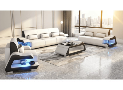 Sofa Set 3+2+1 Modern Weiß Schwarz Premium LED Couchtisch Luxus Top *