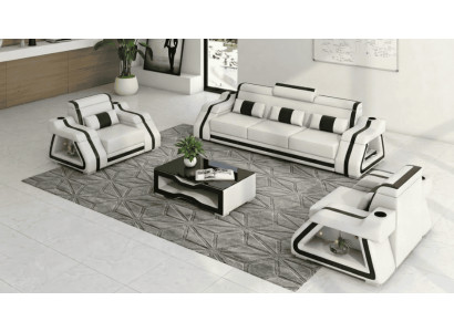 Sofa Set 3+1+1 Modern Weiß Schwarz Premium LED Couchtisch Komfort *