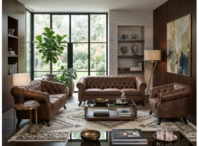 Braunes Wohnzimmer-Set 3+2+1-Sitzer-Sofas Chesterfield Ledersofas