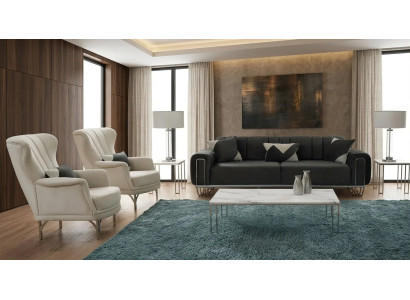 Elegante Grau-Weiße Sofagarnitur Edler 3-Sitzer 2x Loungesessel