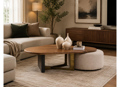 Massiver Holzcouchtisch oval mit Hocker modern Skandinavisch