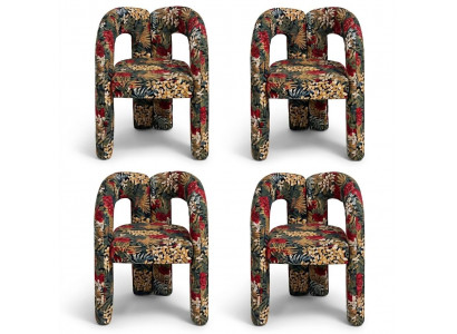 Stuhl Set Design Tropisch Stoff Muster Bunt Skulptural Monolithisch