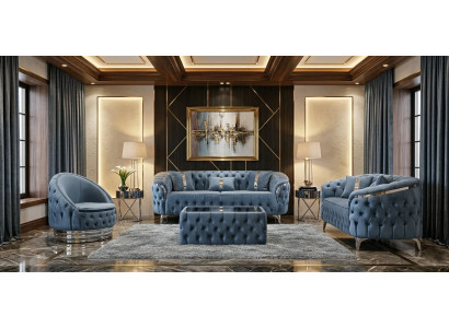 Zeitlose Blaue Chesterfield Wohnzimmer Garnitur 3-er Sessel 2-Sitzer