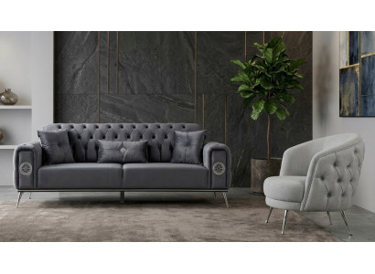 Sofa Set 1x 3-Sitzer Sofa 1x Sessel Chesterfield Schwarz Grau Schick