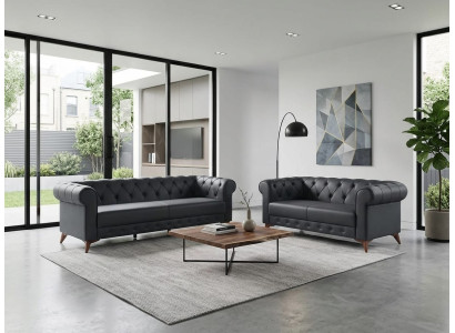 Chesterfield 3-Sitzer-Sofa 2-Sitzer-Sofa klassisch Leder silbergrau