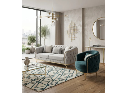 Luxuriöse Chesterfield Zweifarbige Garnitur Textilsofa Relaxsessel