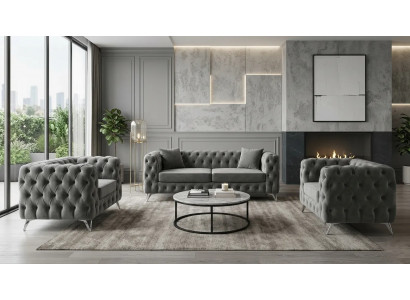Hochwertige Chesterfield Polstergarnitur Designer Stoffsofa 2x Sessel