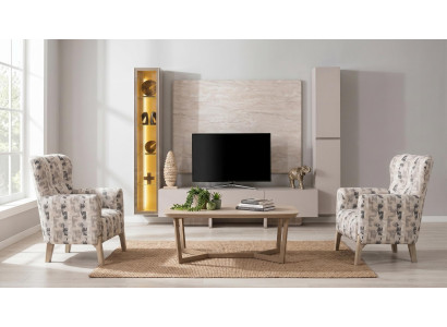 Edles Wohnzimmer-Set mit TV-Wohnwand, 2 Sesseln & Couchtisch