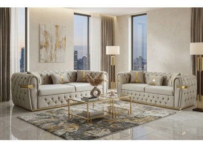 Zeitlose Biege Chesterfield Sofagarnitur Polstercouchen Stoffsofas
