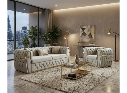 Beige Elegante Chesterfield Stoffgarnitur Moderner 3-er Relaxsessel