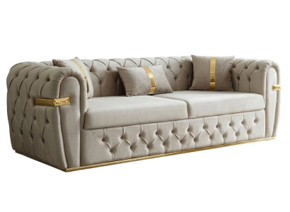 Designer Beiger Chesterfield 3-Sitzer Textilsofa Wohnzimmer Sofa