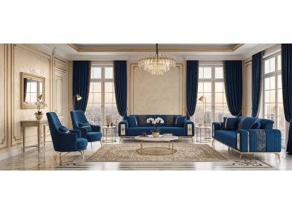 Stilvolle Blau-Goldene Couchgarnitur Edle Textilsofas Stoffsessel
