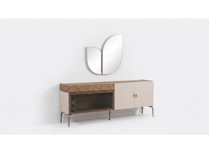 Moderne Kommode mit Spiegel Sideboard Beige Eiche Holz Design statusbezogen