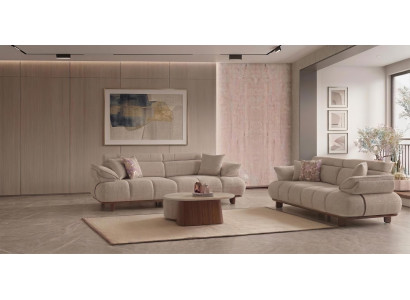 Couchgarnitur 3-Sitzer Couchtisch Hocker Modern Beige Edel Polstergruppe