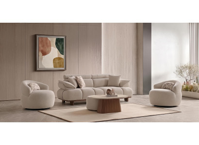 Sofa Set 3 Sitzer Sessel Couchtisch Hocker Modern Beige Edel Design