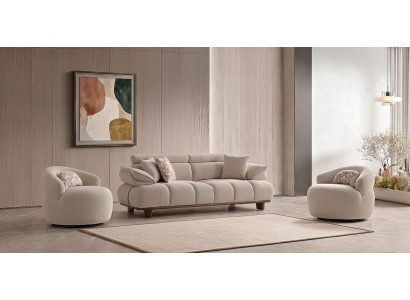 Sofa Set 3 Sitzer Sessel Modern Beige Elegant Polstergruppe Wohnzimmer