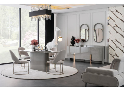 Modernes Graues Esszimmer Set Robuster Esstisch 4x Stühle Sideboard