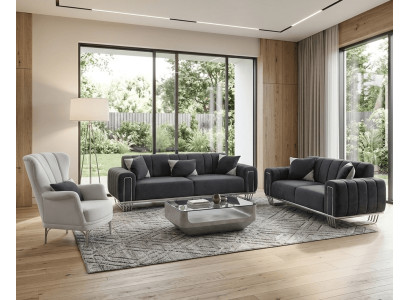 Stilvolle Graue Sitzgruppe Eleganter 3-Sitzer Zweisitzer Sessel 3tlg