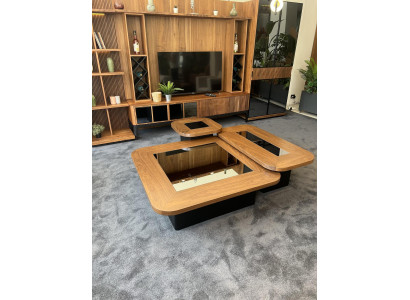 Luxus Couchtisch Set Walnuss Holz Glas und Beistelltische fuer Wohnzimmer